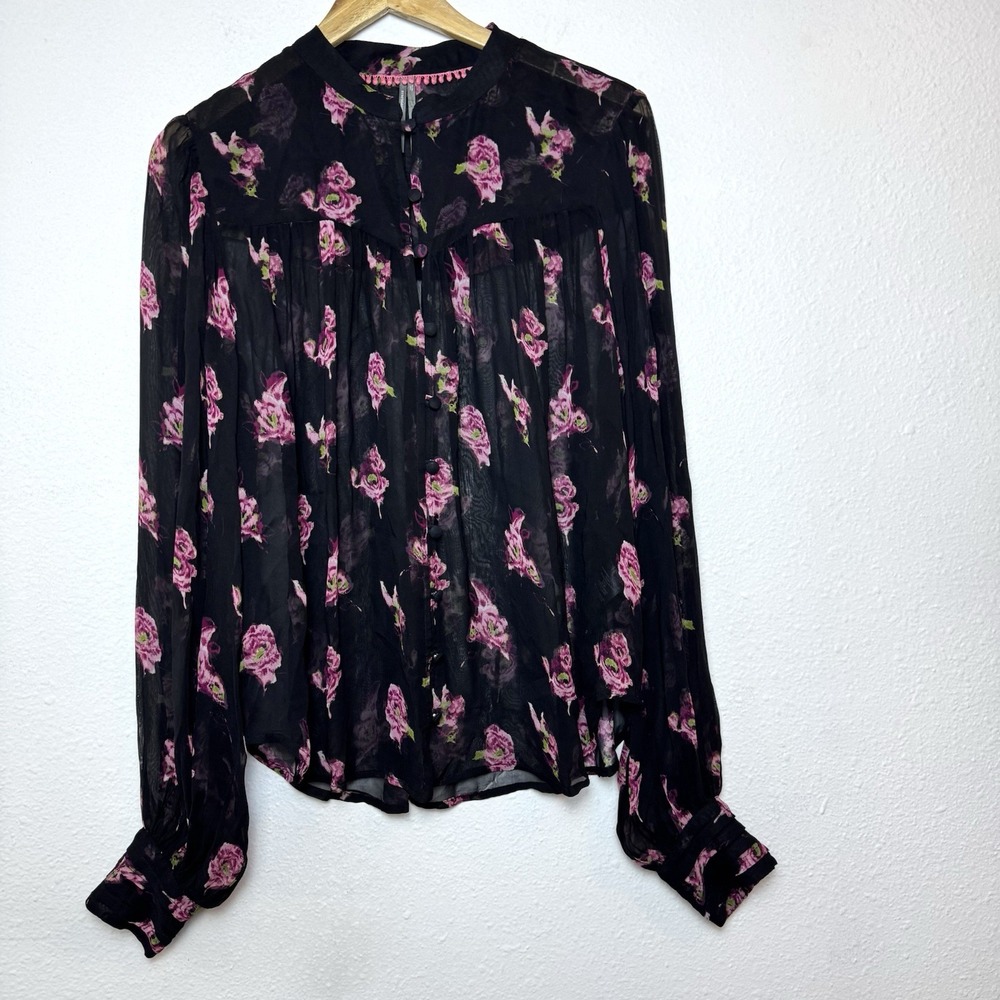 Anthropologie Black Sheer Floral Blouse Womens Medium Button Front Top Romantic